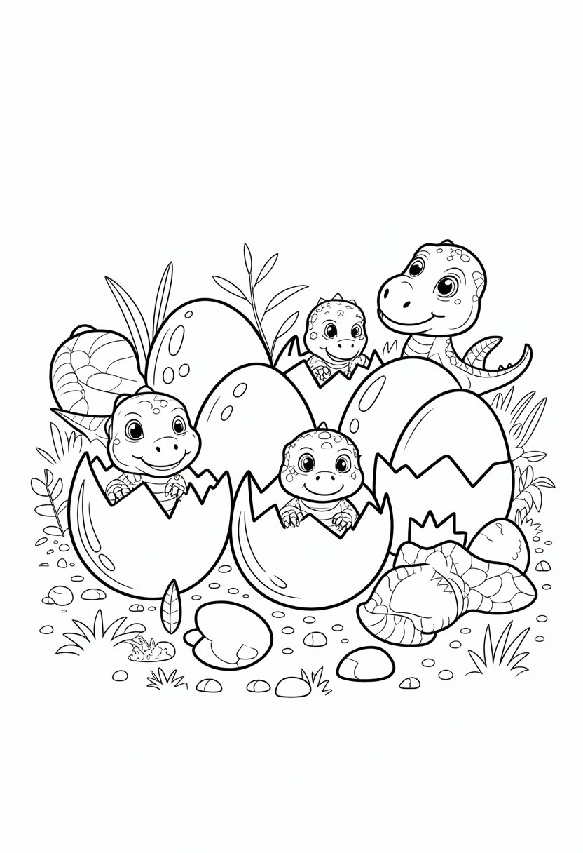 Cute Dinosaur Coloring Pages for Kids: 20 Fun and Easy Designs 33 A scene showing several dinosaur eggs cracking open with cute baby dinosaurs emerging surrounded by plants and rocks.